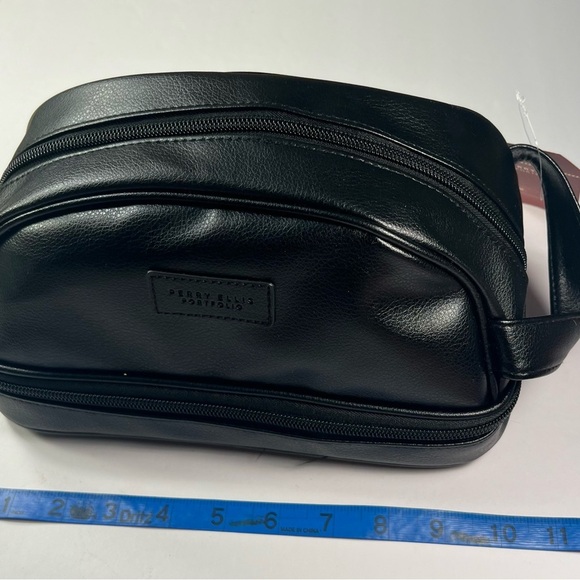 Perry Ellis Black Leather Toiletry Travel Case with Handle - Picture 2 of 15